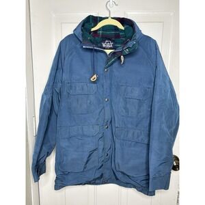 Vtg Woolrich Field Jacket Barn Coat Flannel Wool Blanket Lined  Blue Womens L